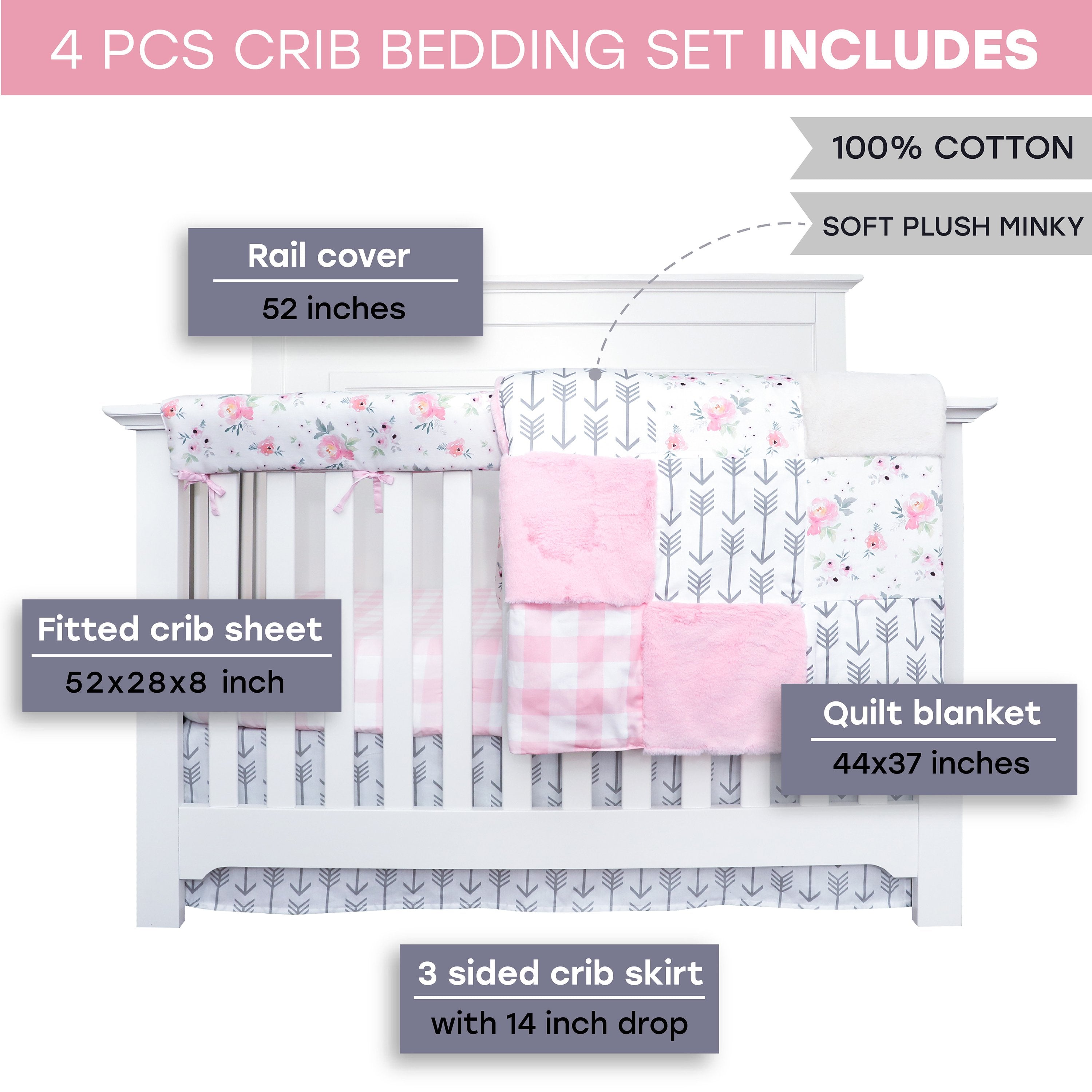 Crib Bedding Set Pink Plaid and Floral Collection