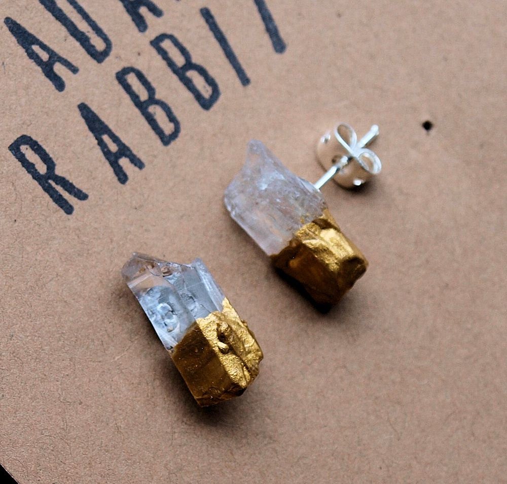 Gold & Raw Quartz Chunk Earrings, Geo Earrings, Rock Stud Earrings, Crystal Earrings