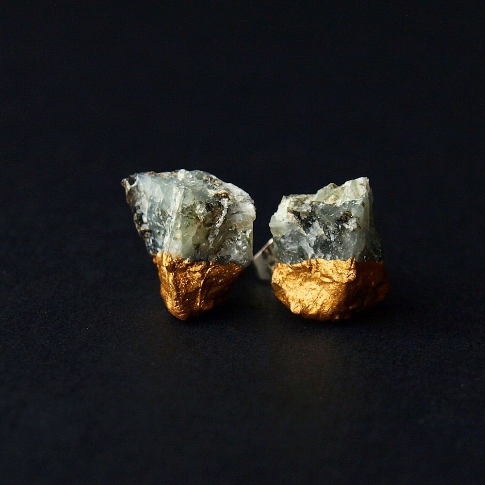 Gold & Raw Emerald Earrings, Emerald Studs