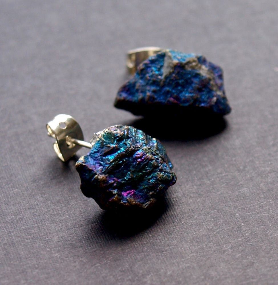 Raw Peacock Ore Chunk Earrings, Geo Earrings, Rock Stud Earrings