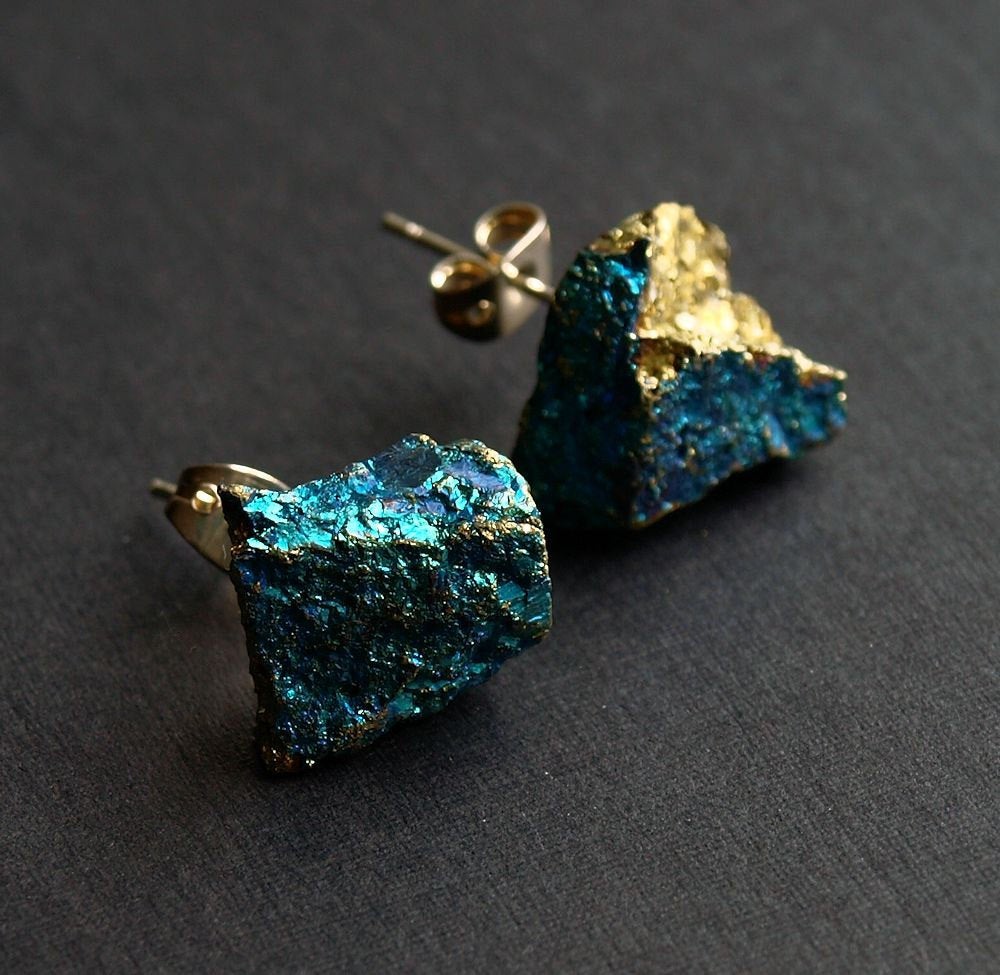 Raw Peacock Ore Chunk Earrings, Geo Earrings, Rock Stud Earrings